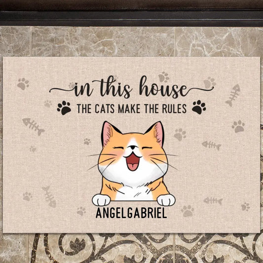 Up to 5 - In This House The Cats Make The Rules - Personalized Doormat For Your Fur Babies