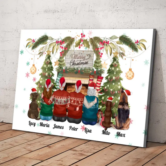 Merry Christmas Family Canvas - Humans & 3 Pets
